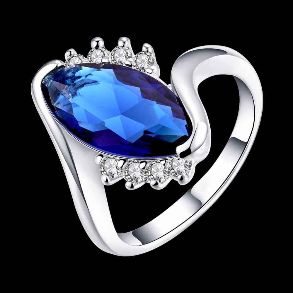 Кольцо с большим камнем синее циркониевое ювелирное изделие кристаллом