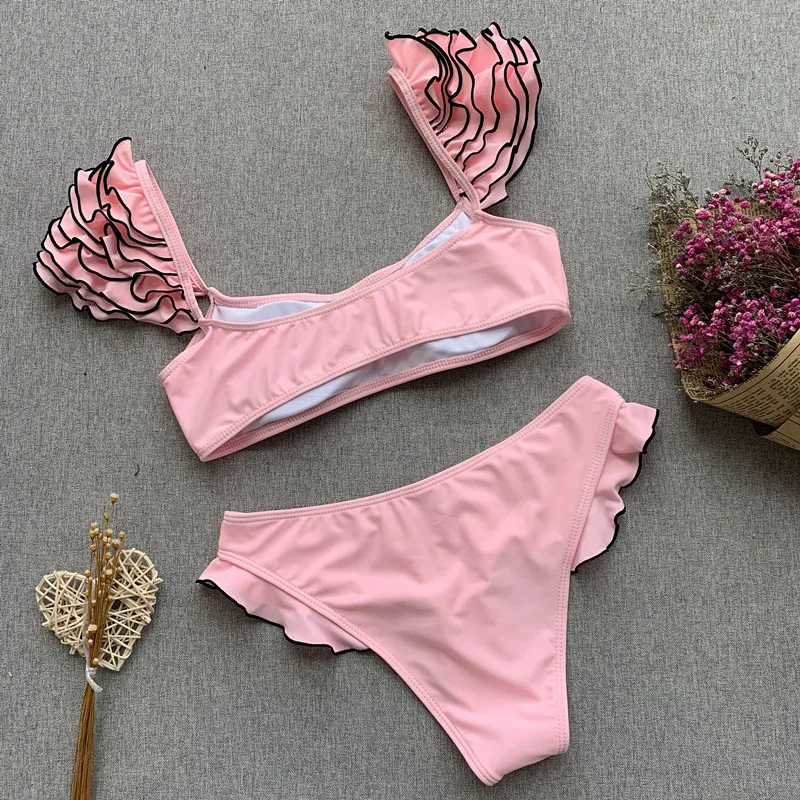 

2019 Sexy Brazilian Bikini Set Shoulder Ruffle Halter Push Up Swimwear Women Bathing Suits Black Pink Solid Swimsuit Biquinis