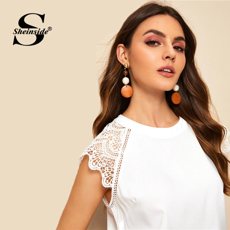Sheinside, элегантная, контрастная, выдолбленная, кружевная блузка для женщин,, летняя, однотонная, с рукавом-крылышком, блузки для девушек, белый, Повседневный, базовый топ