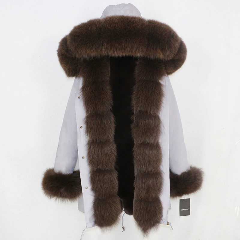 grey dark brown OFTBUY, зимняя женская куртка, пальто из натурального меха, Длинные парки, Воротник из натурального Лисьего меха, капюшон, Толстая теплая верхняя одежда, уличная одежда, съемная - Цвет: grey dark brown