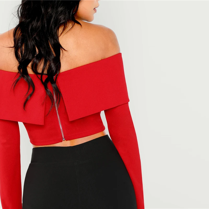 SHEIN Блузка С Открытыми Плечами На Молнии Женский Красный Весенний Сексуальный Топ С Длинными Рукавами
