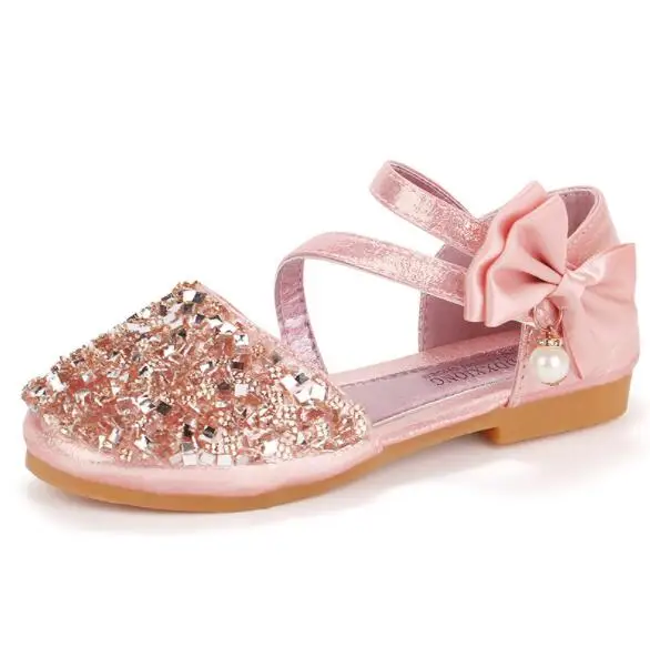 Bow-knot Pink Новинка года; модная обувь принцессы с бантом на плоской подошве для девочек; детская повседневная обувь с блестками; лофтеры для девочек; Танцевальная обувь с бусинами; 03B - Цвет: Bow-knot Pink