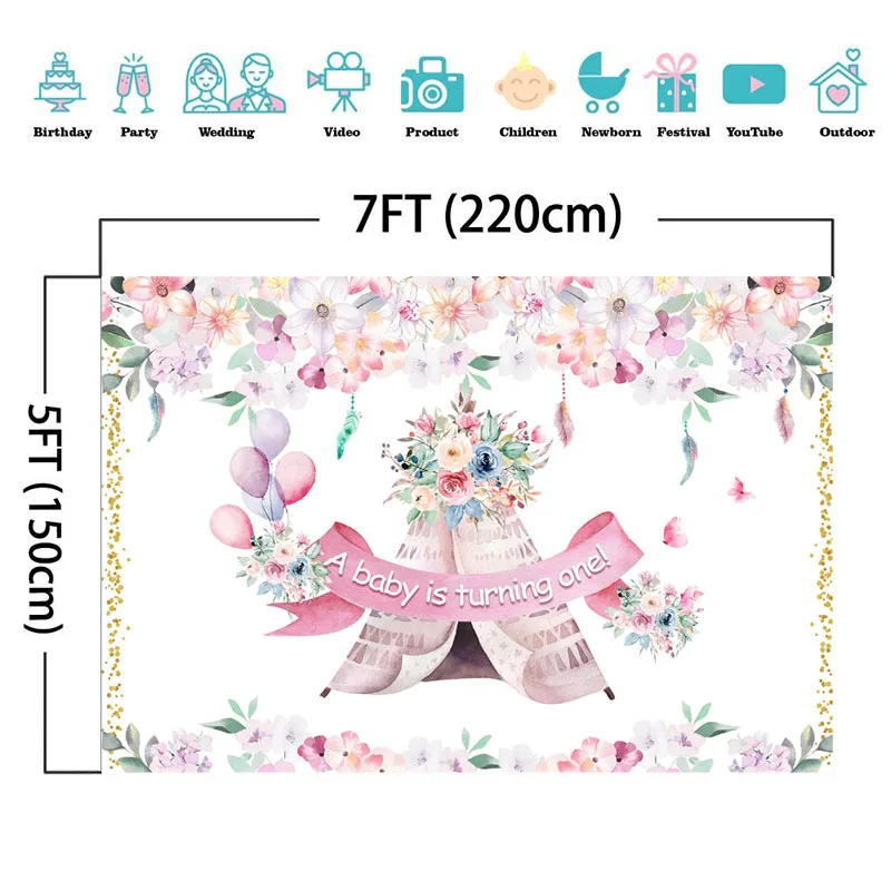 Neoback Baby Shower Backdrop Flower Boho Teepee фон для фотосъемки с розовым цветком и воздушным шаром