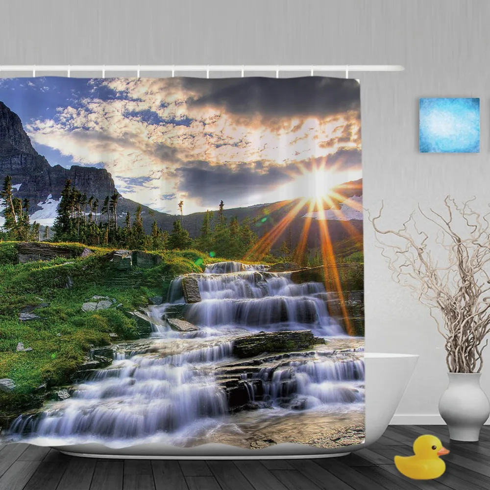 

Natural Scenery Sunset Waterfall Shower Curtain Mountain Tree Bathroom Curtain Waterproof Fabric Bathroom Shower Curtains