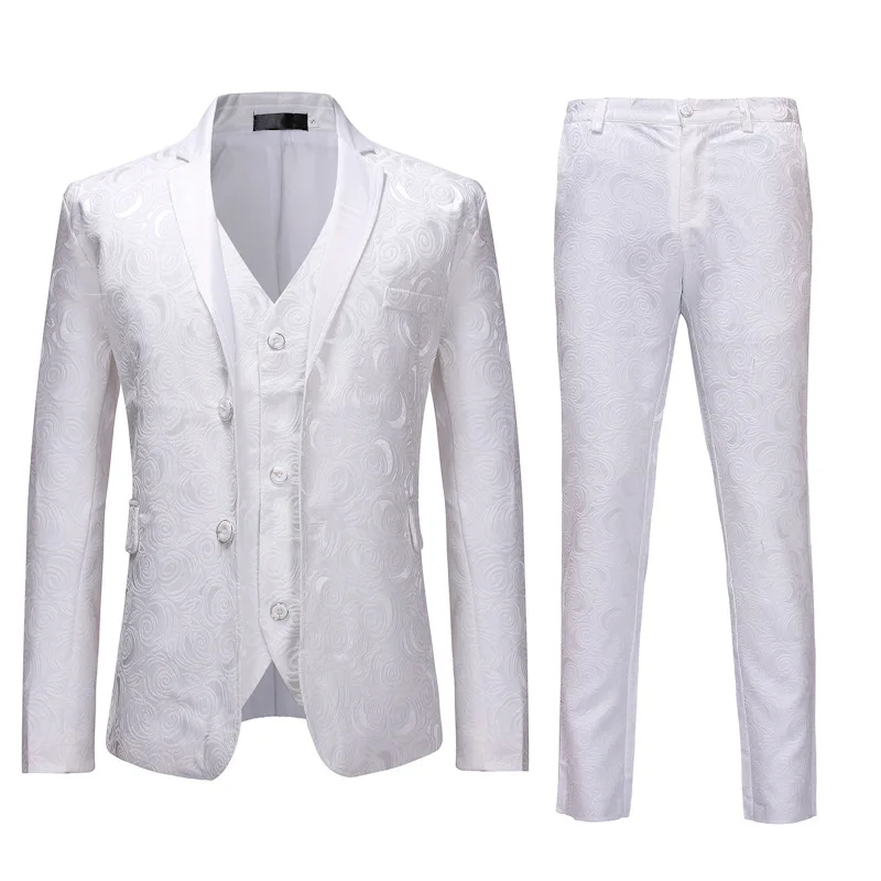 

3 Piece White Jacquard Wedding Suits Men 2021 Brand New Two Button Suit Men Groomsmen Tailored Suit (Jacket Pants Vest) Terno