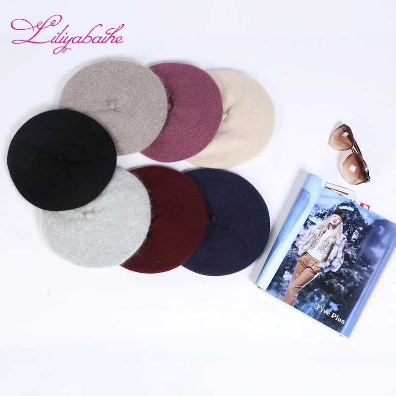 

Liliyabaihe New Style Winter Women's Beret Knitted Angora Wool Beret Mink Hat Embellishment With Gold Double Warm Hat