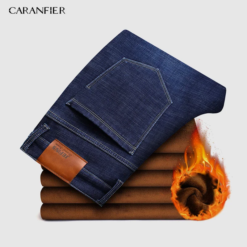 1pcs Blue CARANFIER 2pcs New Men's Winter Brand Jeans Warm Slim Fit Denim Pants Male Balck Blue Thicken Trousers Jeans Big Size 44 46 - Color: 1pcs Blue