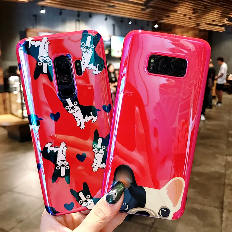 YHBBCASES Blu-ray Pet Dog Phone Case For Samsung Note 8 9 Cases Cartoon Bulldog Red Soft Cover Galaxy S8 S9 Plus |