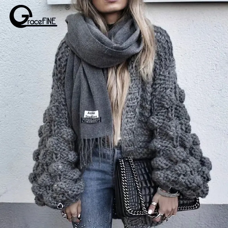 Women Fashion Korean American Long Lantern Sleeve Knitting Cardigan sweater Knitted Casual Warm Shawl Sweater |