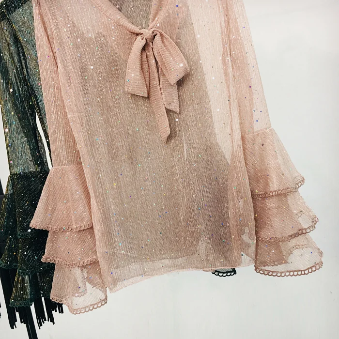 2019 Spring New Sexy Mesh Blouse Shirt with Bow Glittering Flare Sleeve Tops Ladies V-Neck Korean Fashion Clothing Shirts |