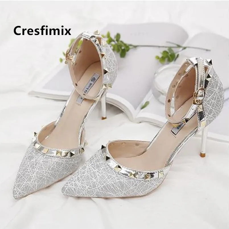 Cresfimix mujer tacones altos для женщин Соблазнительные туфли с серебряными заклепками на