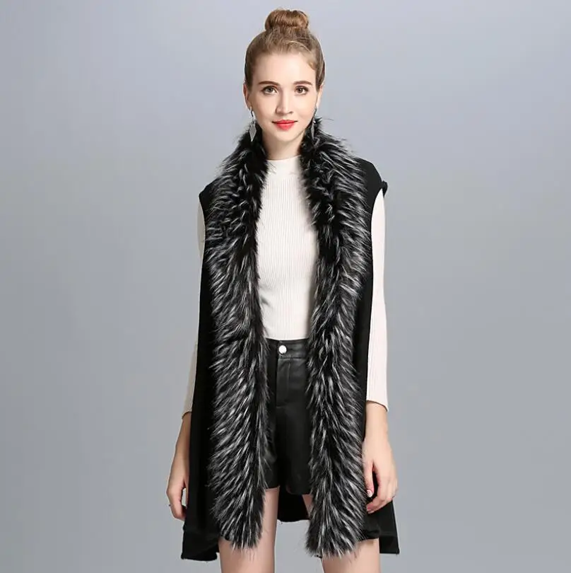 2019 Europe autumn winter Knitted vest women fashion Faux fox fur collar knit cardigan sleeveless Cardigan shawl coat w699 |