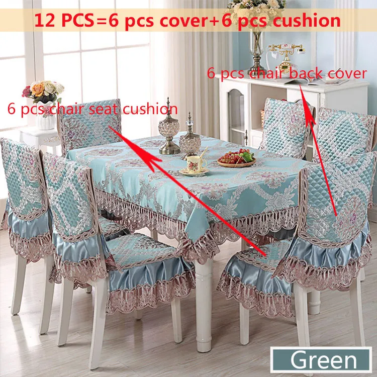Green 12pcs Luxury Europe Table Cloth Satin Printed Lace Chair Cover Cushion Set Hotel Wedding Decorat Banquet Home Dinning Tablecloth Set - Цвет: Green 12pcs