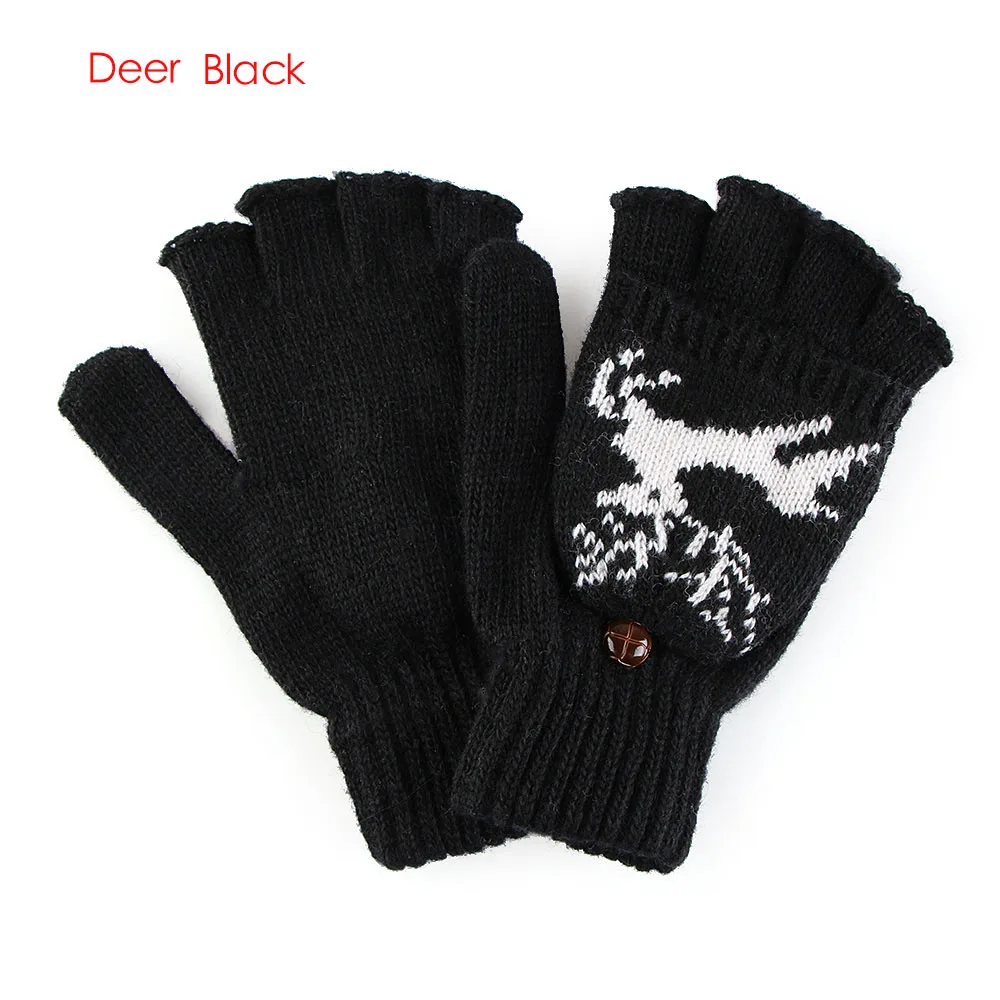 Deer black Женские Модные Рождественские новые зимние теплые перчатки, варежки без пальцев, зимние перчатки из конопли с цветами, снежные перчатки с оленем - Цвет: Deer black