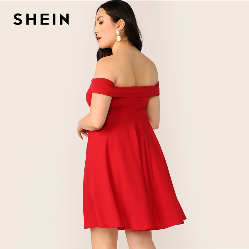 SHEIN, платье трапециевидной формы с открытыми плечами размера плюс,, женское летнее элегантное милое однотонное платье с высокой талией