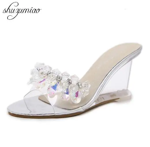 Women Shoes Summer 2019 High Quality Sexy rystal Transparent Diamond Wedges Sandals heels 8.5cm Slope Female 4 Styp | Обувь