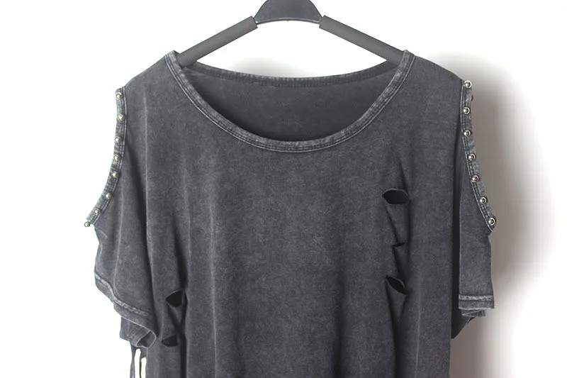 

Fashion Sexy Strapless rivets tassel T Shirt Female Punk Rock Hole feminina Long Tee Femme Women's Clothing Clothes Tops t-shirt