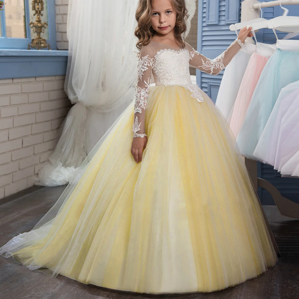 Кружевное платье цвета шампанского для девочек бальное с длинным рукавом на