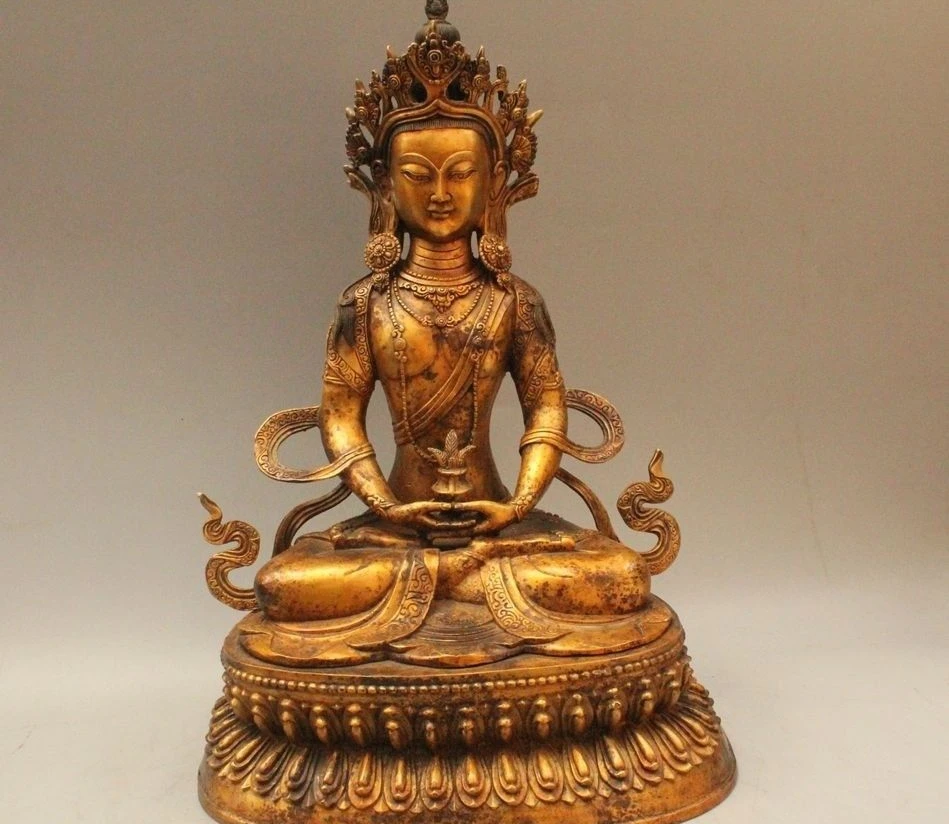 17 &quotтибетский буддизм бронзовый позолоченный сиденьй Амитаюс долголетка богиня