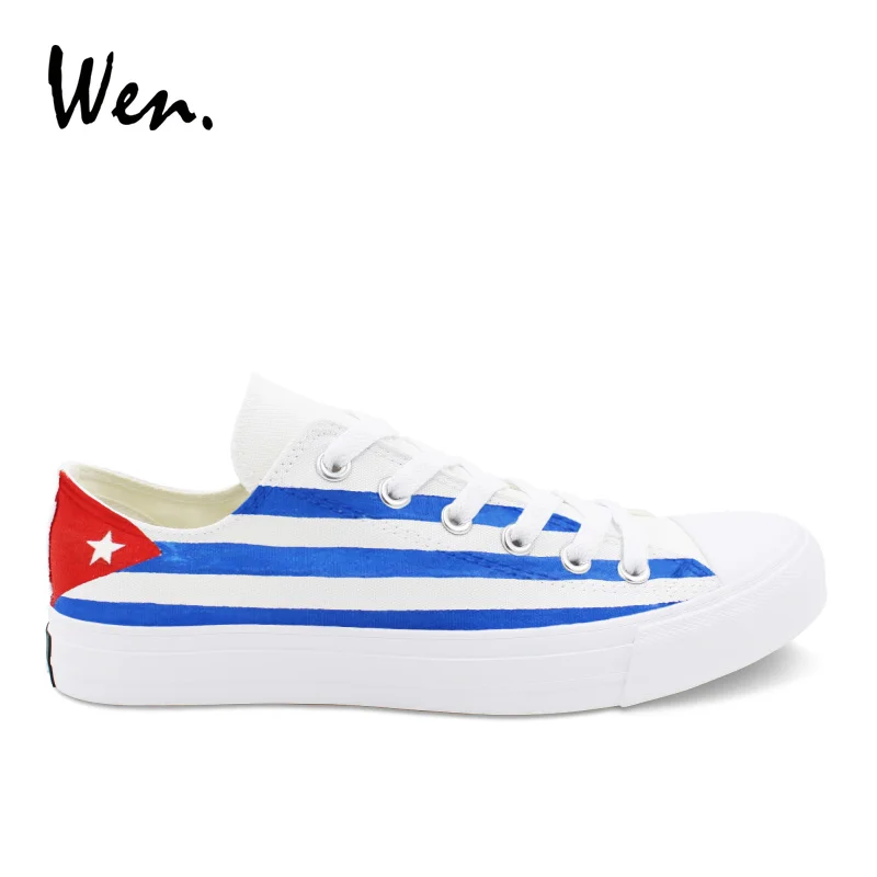 

Wen Design Cuba Flag Hand Painted Blue White Stripes Shoes Men Casual Shoes Shallow Mouth Canvas Sneakers Unisex Pedal Zapatos