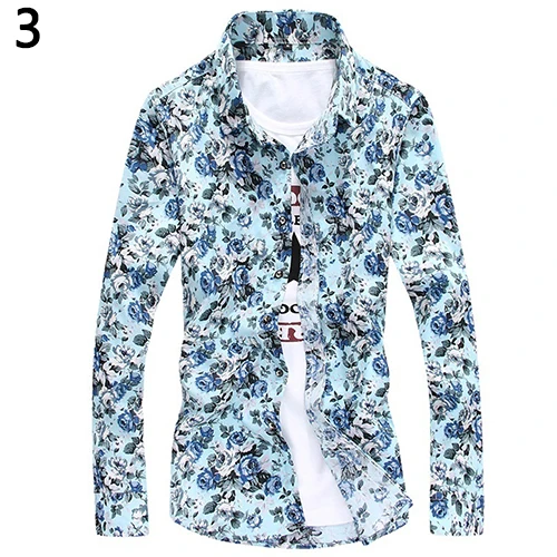 Мужская Мода Цветочный принт рубашка Повседневное Slim Fit с длинным рукавом