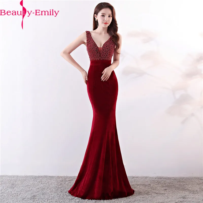 

Beauty-Emily Sexy V Neck Sleeveless Evening Dresses 2020 Charming Heavy Beads Tank Sleeve Formal Party Mermaid Dress Robe Soiree