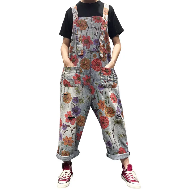 

Literary Style Printing Large Size Denim Straps Pants Women 2019 Summer Fashion Loose Casual Jeans Ladies