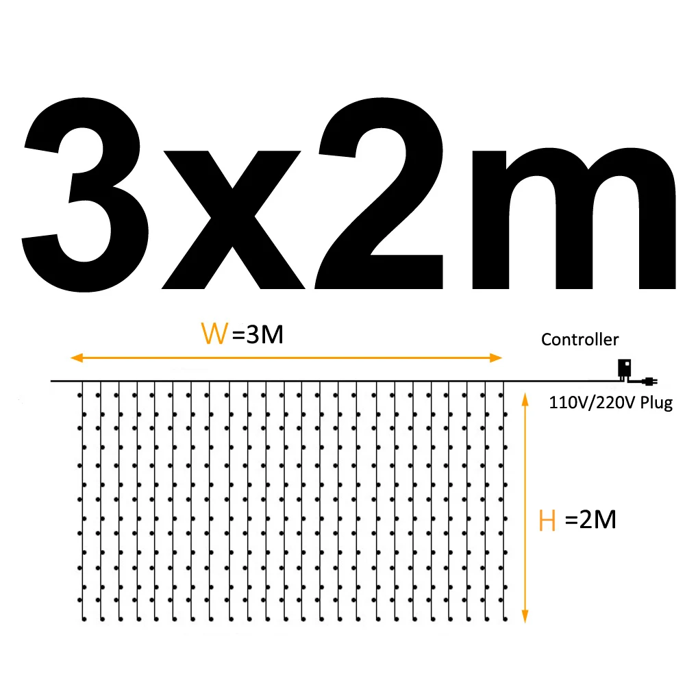 3X2m Гирлянда на батарейках, сказочный светильник, занавес, светодиодный, декоративный, 220 В, Рождественское украшение, для улицы, USB разъем, водонепроницаемый, Свадебный светильник s - Испускаемый цвет: 3X2m
