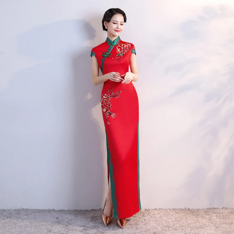 

S-4XL Grren Party Cheongsam Vintage Chinese Style Spring Long Evening Dress Oriental Woman Elegant Qipao Vestido Plus Size