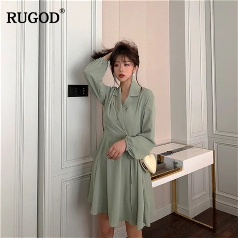 

RUGOD Solid women dress lantern sleeves v neck waistband tied summer dress fashion vintage office ladies wearing modis sukienki