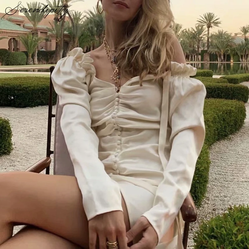 SRDP Off shoulder puff sleeve summer mini white dress Women elegant shir party short Female streetwear buttons | Женская одежда