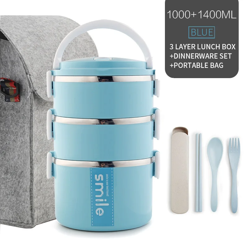 Blue 3 Layer Set Термо-Ланч-бокс из нержавеющей стали, контейнеры с микроволновым контейнером, японский Ланч-бокс Bento для детей, контейнеры для фруктов и еды - Цвет: Blue 3 Layer Set