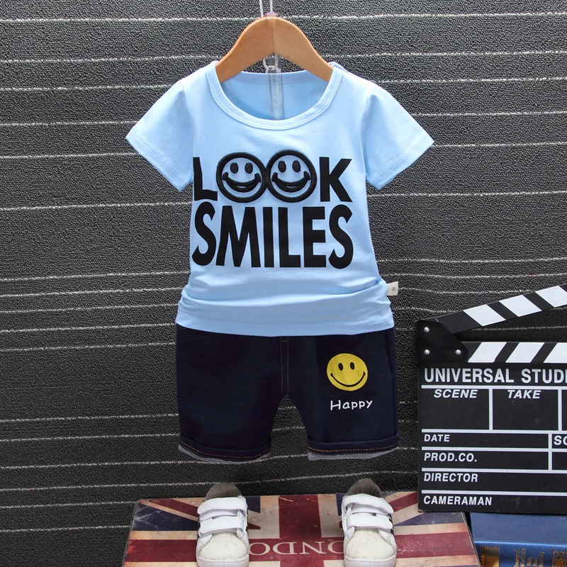 2019 New summer Baby Infants Boys Smile face letter print t-shirt Tops+cartoon shorts 2pcs Clothing Sets | Детская одежда и обувь