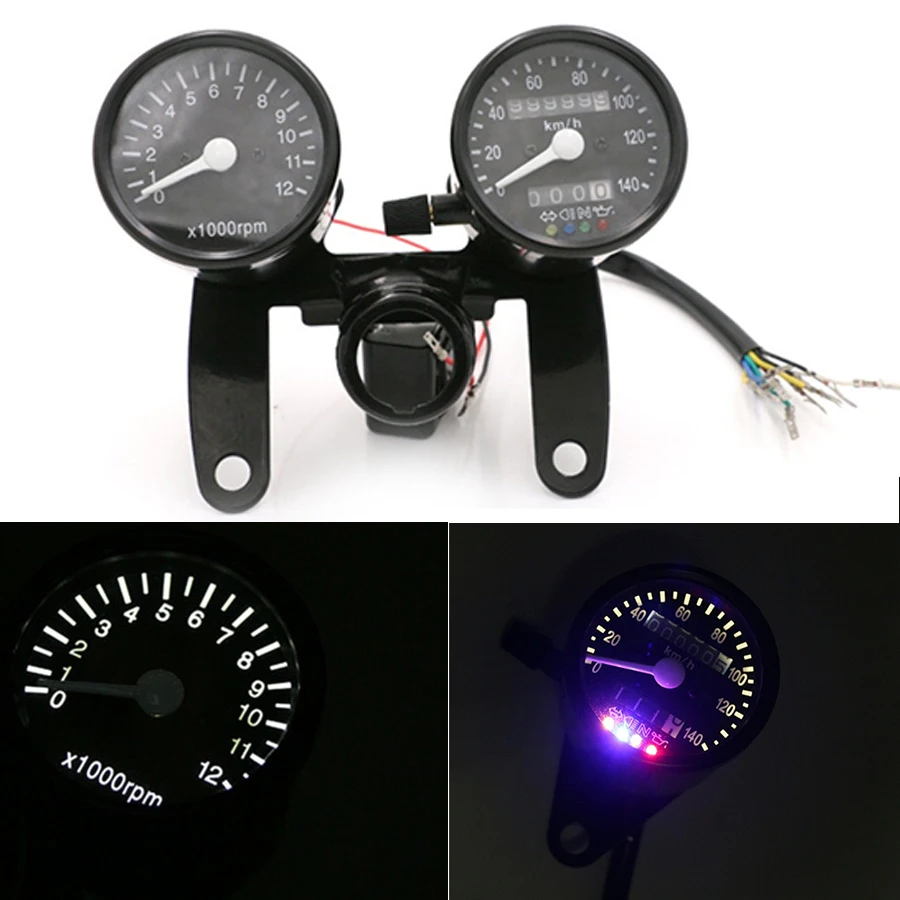 

12VUniversal Motorcycle Black Tachometer Km/h Speedometer Odometer Gauge W/Bracket Racer LED Backlight Signal Lights