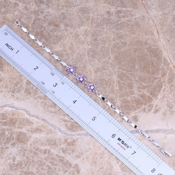 Фиолетовый кубический цирконий посеребренный браслет-цепочка 7 - 8 дюймов S0294 |