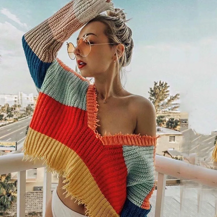

Style 2018 cute style hot sale sexy backless sweater computer knitted shortpullovers striped double wearable woman sweater