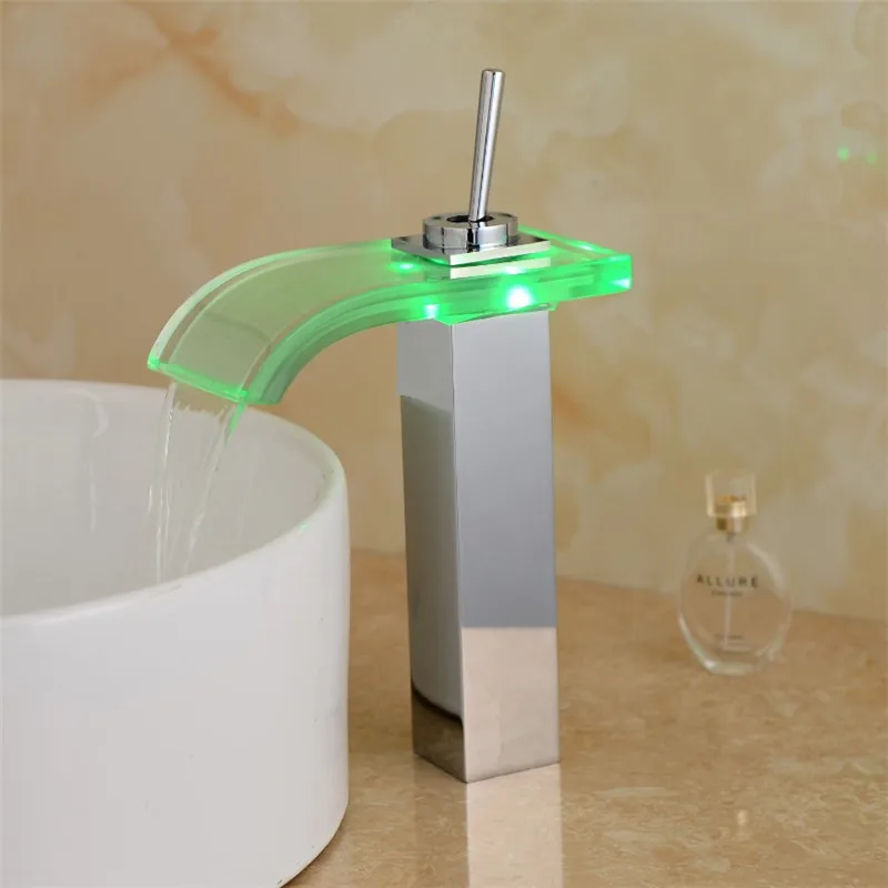 Светодиодный кран с водопадом для ванной комнаты смеситель раковины. Стеклянный