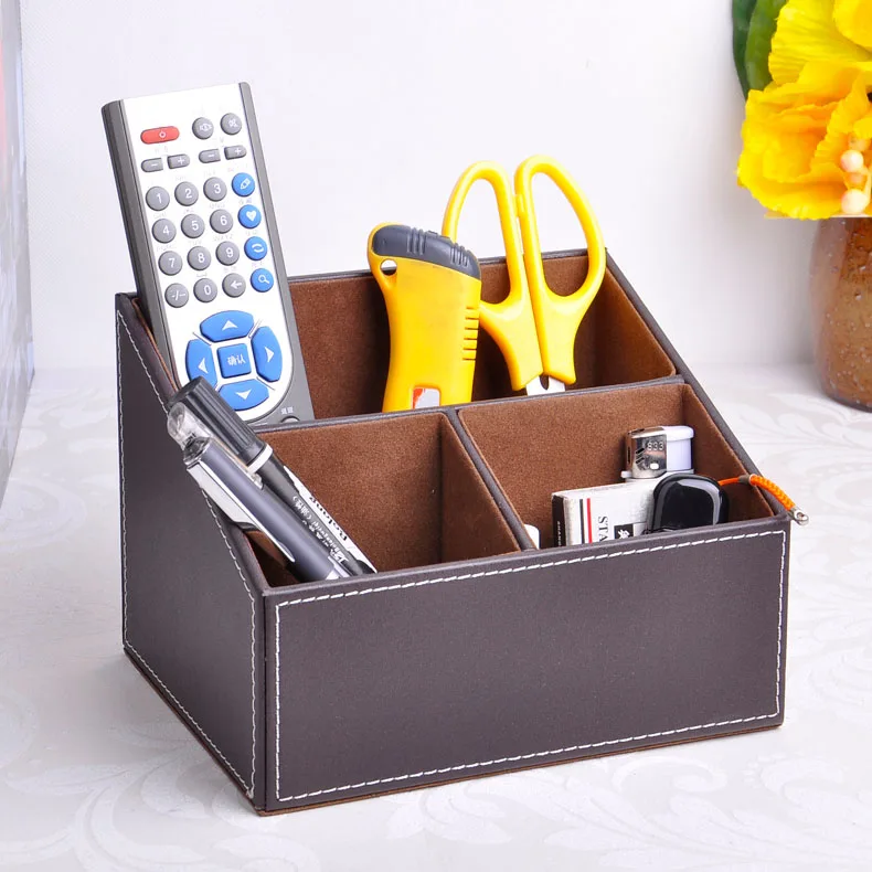 

3-slot wood structure leather desk organizer storage box for cosmetics sundries stationery pen pencils holder brown 204B