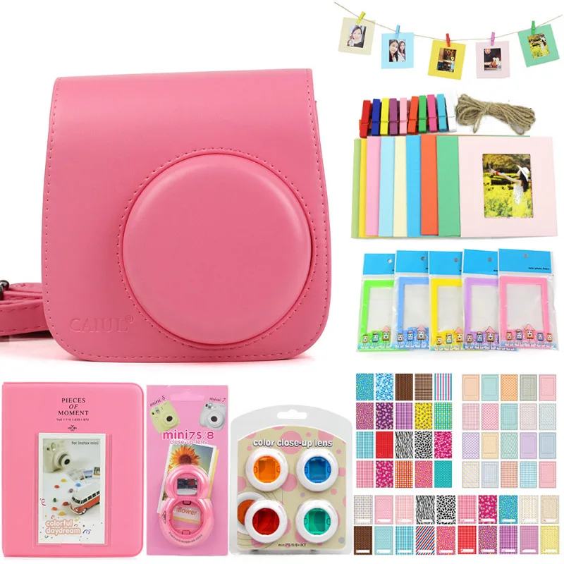 deep pink Новые аксессуары для камеры Fujifilm Instax Mini 8/8+/9 кожаный чехол-сумка с ремешком для съемки крупным планом наклейка для селфи фильтр для объектива фотоальбом - Цвет: deep pink