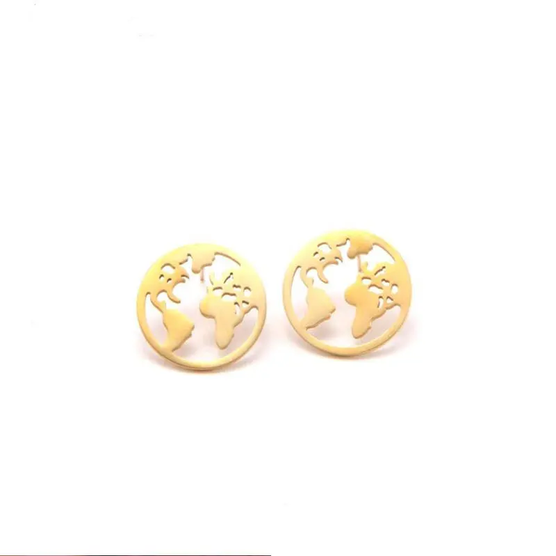 Gold Earring Серьги-гвоздики карта земли круглые уникальные модные ювелирные изделия из нержавеющей стали круг девушки 4 цвета 1 пара путешествия карта мира выдалбливают - Окраска металла: Gold Earring
