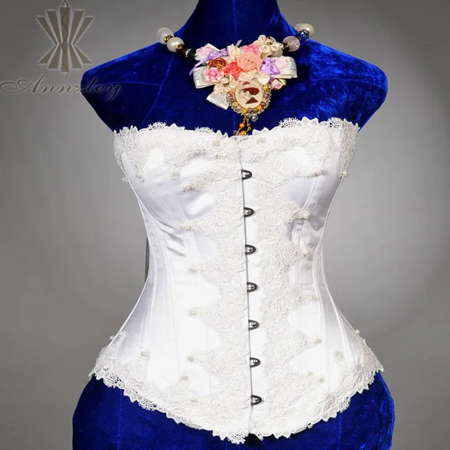 Annzley Corset! White Lace Satin Wedding Corset Bustier Top Costume