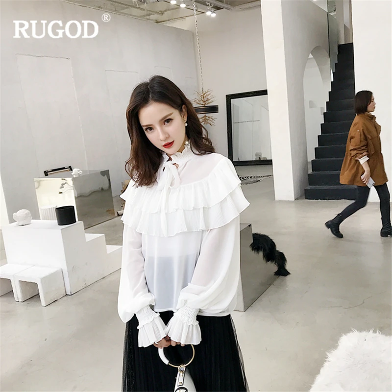 RUGOD 2018 весна-осень женский топ и блузка милый галстук длинный рукав с рюшами