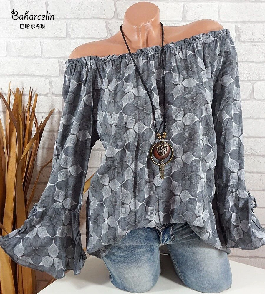 Baharcelin 4XL 5XL Женские рубашки топы с винтажным принтом Лето Slash шеи блузка рубашка