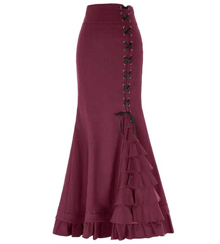 3 Wine Red Skirt Длинные юбки женские элегантные рыбий хвост русалка юбка черный серый Викторианский готический рюшами стимпанк Ретро Винтаж Юбки Макси юбка - Цвет: 3 Wine Red Skirt