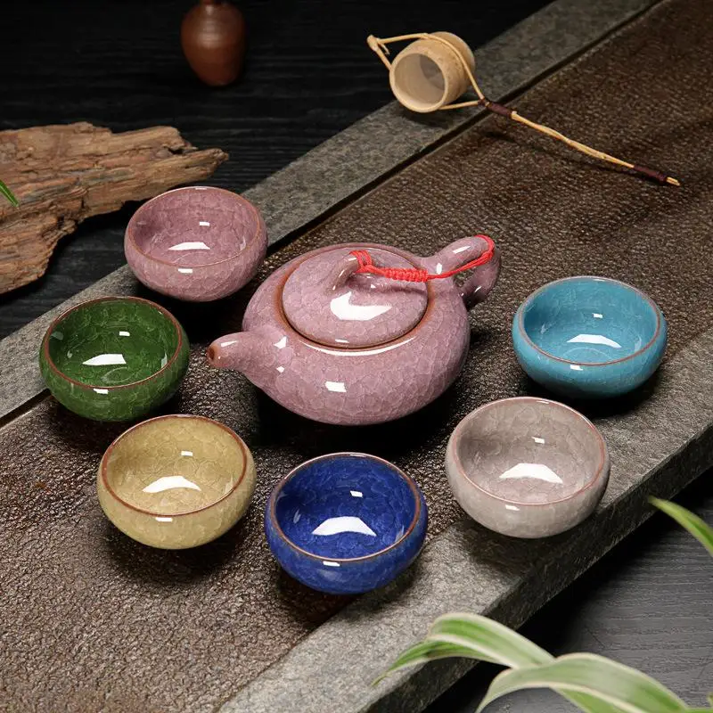 

6PCS/SET Tea Cups Ice Crack Celadon Kung Fu Tea Set Porcelain Chinese Tea Cup Gaiwan Tea Pot Set Birthday Wedding Gift