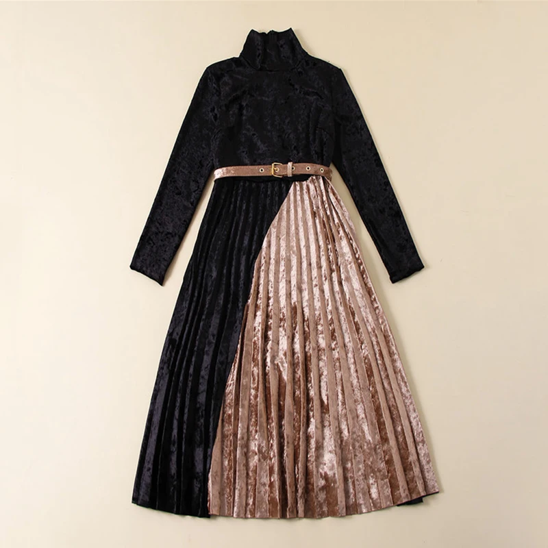 Велюровое платье Для женщин лоскутное плиссированные водолазка Одежда с длинным