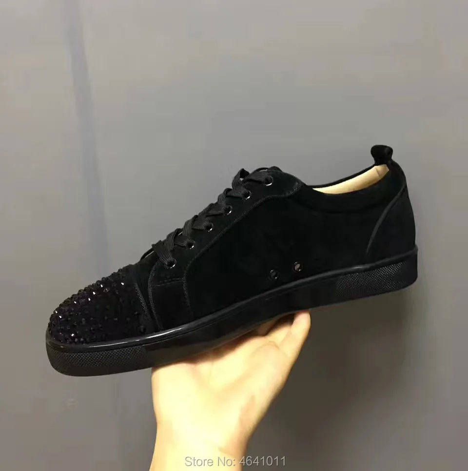 Cl andgz/обувь для отдыха с низким вырезом; черные заклепки; стразы Swarovski; мужские кроссовки с красной подошвой; кожаные лоферы; повседневная обувь на плоской подошве