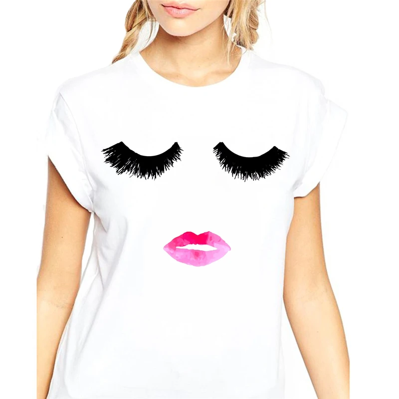 2019 мода плюс размер новая футболка женская ресницы губы Принт Топы Camiseta Graphic tee Shirt