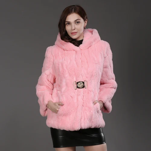 pink Лидер продаж, Женское пальто из натурального меха кролика Рекс, зимний теплый Настоящий мех кролика, куртка с капюшоном, натуральный Рекс, верхняя одежда из кроличьего меха - Цвет: pink