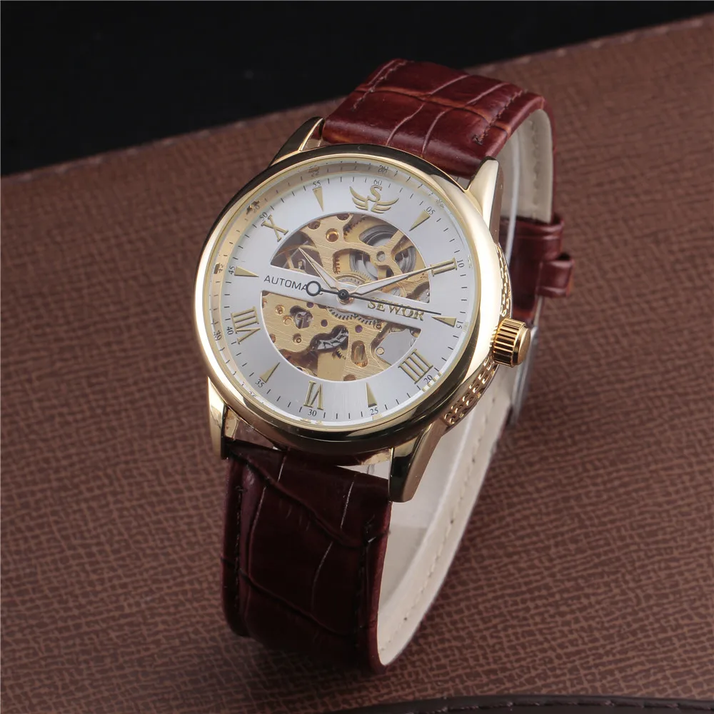 Мужские механические часы скелетоны с кожаным ремешком под давлением|wristwatches